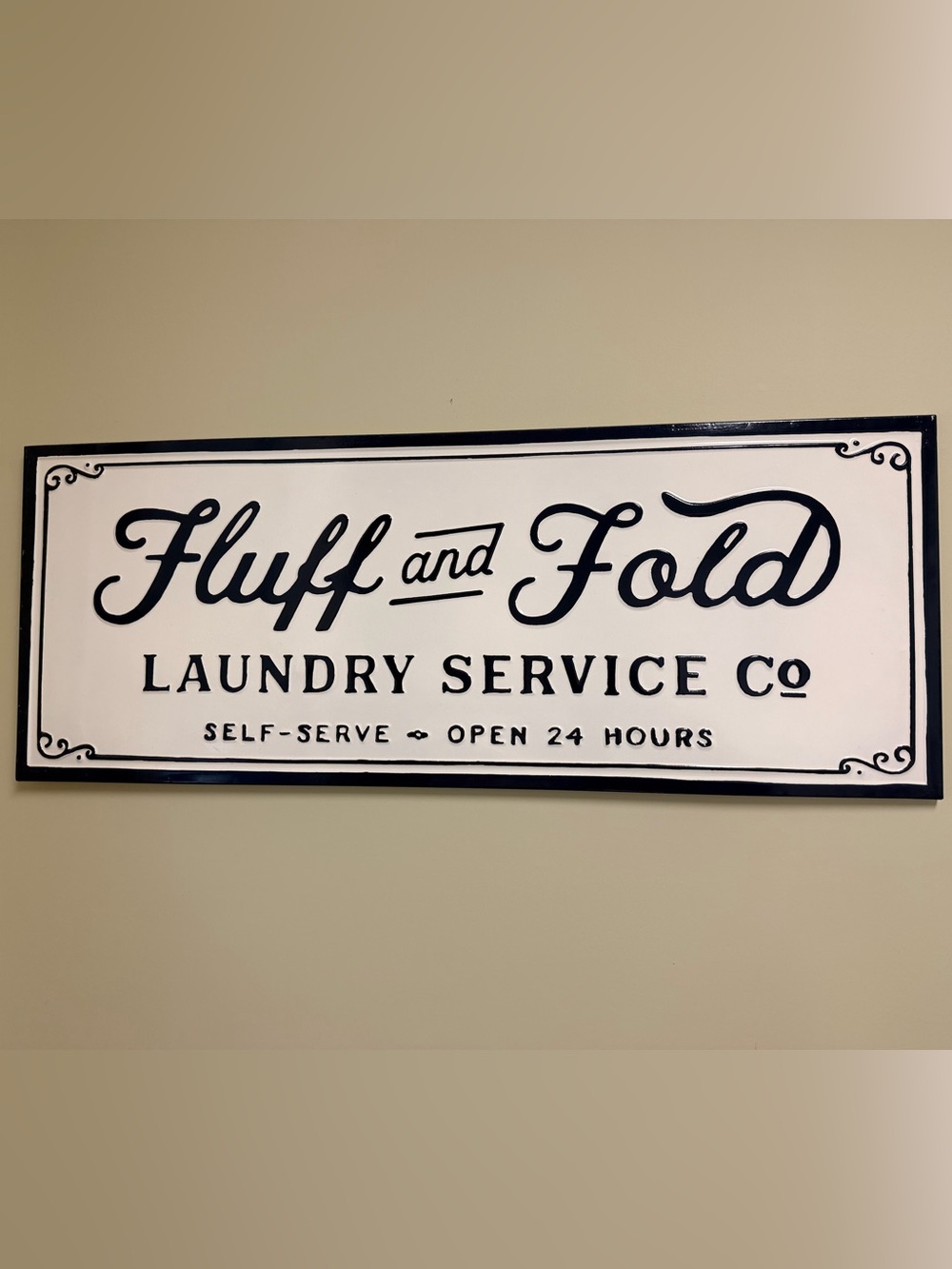 Fluff and Fold Laundry Service Metal Sign - Navy Blue & White